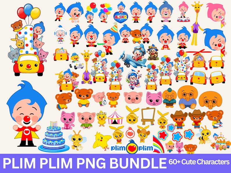 May include: A collection of colorful cartoon characters, including clowns, animals, cars, and balloons. The image includes the text "PLIM PLIM PNG BUNDLE 60+ Cute Characters".