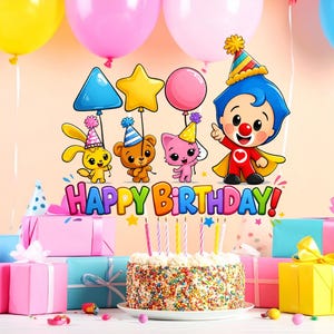 May include: A festive birthday scene with colorful balloons, gift boxes, and a decorated cake. The image features cartoon characters holding balloons and the words "HAPPY BIRTHDAY!" in bright colors. The cake has sprinkles and lit candles.