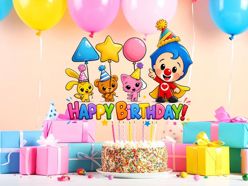 May include: A festive birthday scene with colorful balloons, gift boxes, and a decorated cake. The image features cartoon characters holding balloons and the words "HAPPY BIRTHDAY!" in bright colors. The cake has sprinkles and lit candles.