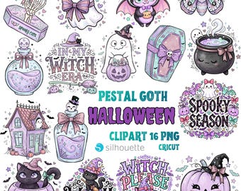 Pastel Goth Halloween Clipart Bundle, Witchy PNG Graphics, Spooky Kawaii Digital Download