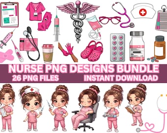 Nurse Clipart Bundle, Pink Hand Drawn Digital Designs (26 PNG Files)