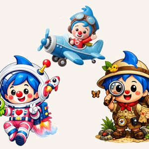 May include: Three cartoon characters dressed as an astronaut, a pilot, and an explorer. The astronaut wears a spacesuit and holds an alien. The pilot flies a blue plane. The explorer holds a magnifying glass and map.