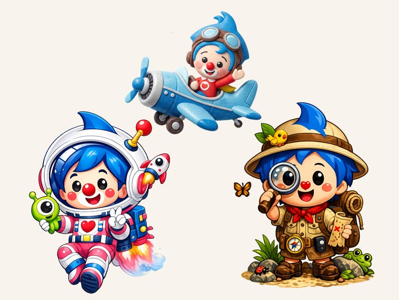 May include: Three cartoon characters dressed as an astronaut, a pilot, and an explorer. The astronaut wears a spacesuit and holds an alien. The pilot flies a blue plane. The explorer holds a magnifying glass and map.