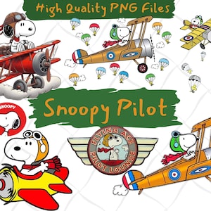 May include: A collection of cartoon images featuring Snoopy as a pilot in various aircraft. The illustrations include Snoopy in a red biplane, a yellow biplane, and a red and yellow plane. The text "Snoopy Pilot" is also present.
