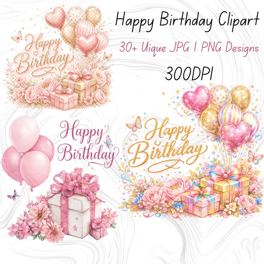 Watercolor Birthday Clipart Bundle, Floral Cake Balloons PNG (digital ...