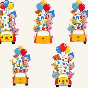 May include: A set of five colorful illustrations featuring numbers 1 through 5. Each number is decorated with polka dots and surrounded by cartoon characters, balloons, and a smiling yellow car with red accents.