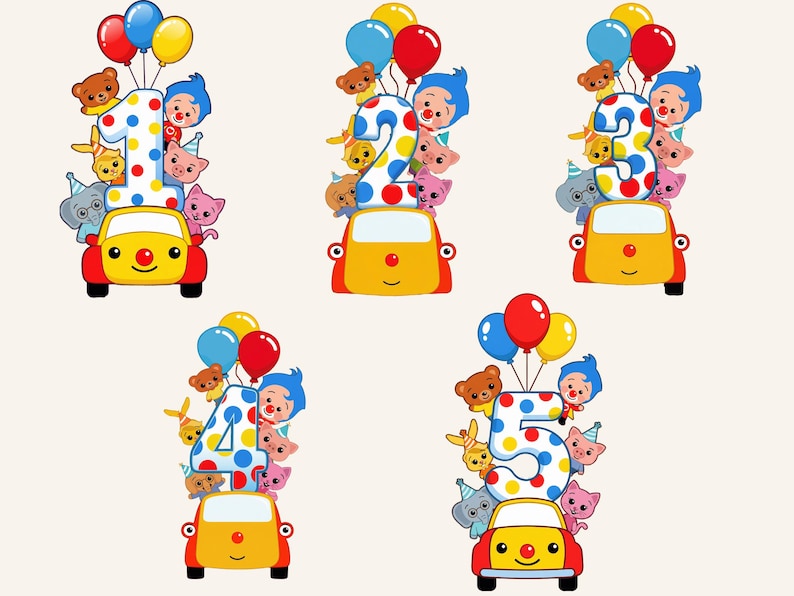 May include: A set of five colorful illustrations featuring numbers 1 through 5. Each number is decorated with polka dots and surrounded by cartoon characters, balloons, and a smiling yellow car with red accents.