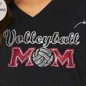 Rhinestone Volleyball Shirt Custom Colors Sparkly Mom Gift Crystal Athletic Team Wear Personalized Game Day Apparel Glitter Parent Support Clothing Special Design Sports Fan Wear Customizable Color Options Team Spirit Outfit Bling Fashion