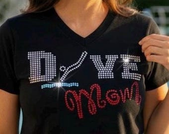 Personalized bling dive mom shirt custom rhinestone embellished top customized gift idea for proud diving moms poolside or at meets