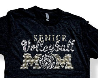 Senior volleyball mom shirt personalized custom rhinestone embellished tee customized sports gift idea proud senior player supporter shirt