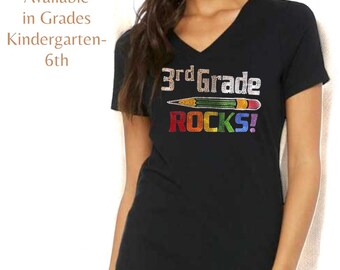 Custom Bling 3rd Grade Rocks Shirt for Teacher Gift Idea Rhinestone Teacher Shirt Personalized Back to School 3rd Grade Teacher Tee