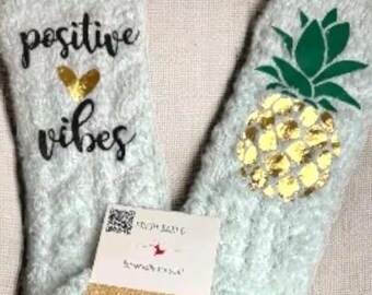 Custom Positive Vibes Fuzzy Socks with Pineapple for IVF Transfer Personalized Egg Retrieval Day Socks Customized IVF Gift Idea for Comfort