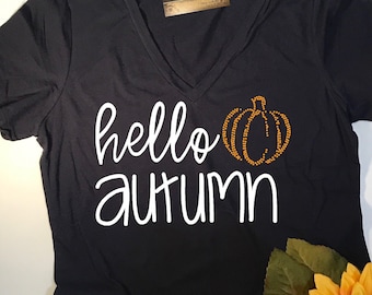 Autumn Shirt | FREE SHIPPING!!   Women's Fall Shirt | Womens hello autumn TShirts with Bling Pumpkin