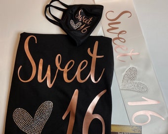 16th Birthday Gift | Sweet 16 Birthday | Sweet 16 Mask | Birthday Bedazzled T Shirts | 16th Birthday party | Sweet 16 Shirt | Sweet 16 Sash