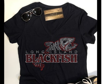 Bling Black Fish Shirt | Women's Black Fish Shirt | long island Blackfish | Women's Baseball Shirts
