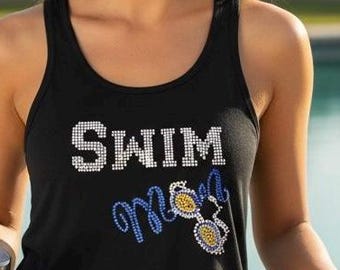 Bling swim mom rhinestone embellished shirt personalized custom poolside supporter tee customized gift idea for proud swim moms