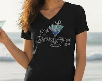 Rhinestone 50th Birthday Cruise with Martini Glass 2025 50 and fabulous Shipfaced Cruise Shirt Fabulous 50 Cruise 50th Birthday Cruise