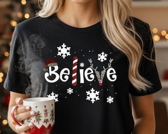 Personalized Custom Believe Shirt Womens Rhinestone Glitter Bling Bedazzled Tee Customized Gift Idea Faith Sparkle Christian Shirt