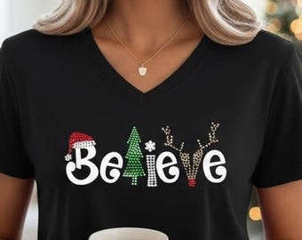 Custom Believe Christmas Shirt Womens Rhinestone Glitter Tee Personalized Gift Idea Customized Bling Bedazzled Holiday Top Christian tshirt