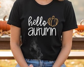 Custom Autumn Shirt Women's Fall Shirt gift idea Womens hello autumn TShirts with Bling Pumpkin