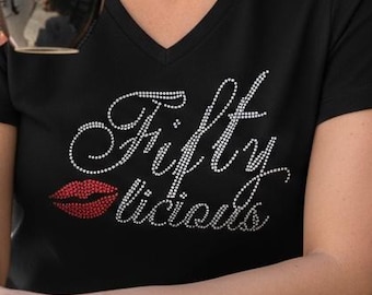 Fiftylicious rhinestone embellished shirt personalized birthday fifty custom bling 50th birthday shirt customized sparkle gift idea for her