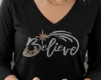 Personalized custom womens Believe bling shirt customized rhinestone nativity scene tshirt bedazzled Christmas gift idea faith shirt