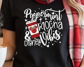 Custom Rhinestone Glitter Peppermint Mocha magic kingdom Shirt for Women Personalized Holiday Tee Customized Outfit Gift Idea