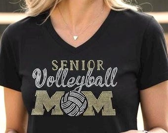 Senior volleyball mom shirt personalized custom rhinestone embellished tee customized sports gift idea proud senior player supporter shirt