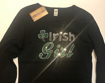 Bling Irish Girl Custom Rhinestone St Patricks Day Glam Bedazzled Shirt