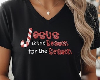 Custom Bling Jesus is the Reason for the Season Women's Shirt personalized Womens Christian gift idea Holiday faith Shirts for her