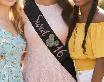 Sweet Sixteen Sash Rhinestone Birthday Mouse Ears Custom Satin Ribbon Personalized Celebration Accessory Teen Party Decoration Princess Gift