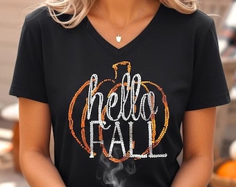 Personalized Hello Fall Shirt Womens Bling Rhinestone Tee Bedazzled Autumn Outfit Custom Gift Idea Customized Thanksgiving Top