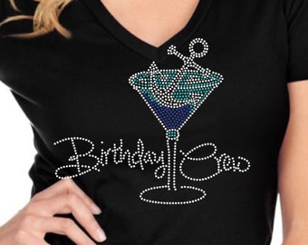 Birthday Crew with Martini Glass Custom BLiNg Rhinestone Shirt | Birthday Cruise Shirts | Birthday Cruise Shirt