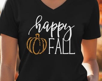 Custom Happy Fall Rhinestone Shirt for Women Bedazzled personalized autumn tshirt gift idea holiday party shirts thanksgiving customized