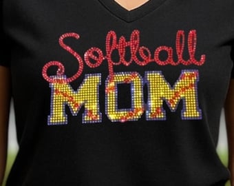 Softball Mom Shirt Rhinestone Bling Bedazzle Gift Sparkly Mother Glitter Apparel Custom Team Supporter Outfit Personalized Sports mom Tshirt