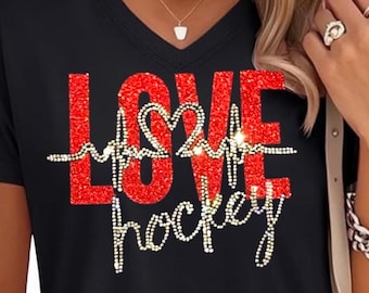 Personalized Love Hockey Shirt Custom Women’s Rhinestone Embellished Customized Gift Idea for Her Sports Fan Apparel Unique Hockey Tee