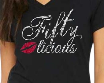 Fiftylicious rhinestone embellished shirt personalized birthday top custom 50th birthday tee customized sparkle gift idea for her