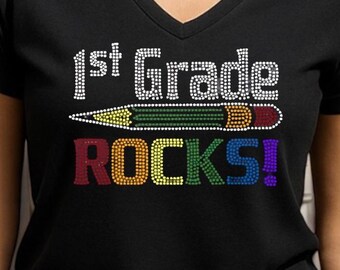 Custom Rhinestone Bling 1st Grade Rocks Shirt for Teachers Personalized Teacher Shirt Customized Gift Idea Sparkly Back to School Tee