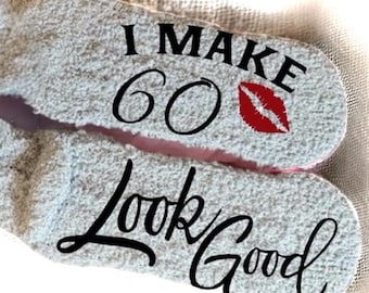 Personalized fuzzy socks custom 60th birthday gift idea funny customized milestone present for her fab at sixty warm comfort socks women