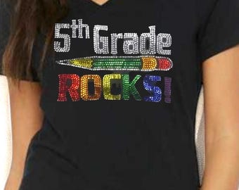 Custom Bling 5th Grade Rocks Shirt for Teachers Personalized 5th Grade Teacher Shirt Gift Idea Rhinestone Back to School Sparkly Teacher Tee