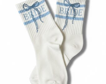 Custom Rhinestone bow Bride socks shower gift for bride to be customized Bling bow lightweight brides socks engagement miss to mrs gift idea