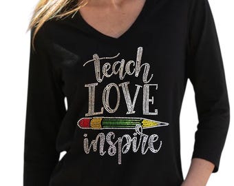 Personalized Teacher Shirt with Rhinestones, Custom Back to School Tee, Customized Teacher Gift Idea for Women, Cute Classroom Style