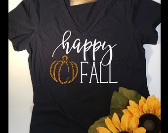 happy fall Shirt | FREE SHIPPING!!   Women's Fall Shirt | Womens hello Fall TShirts with Bling Pumpkin