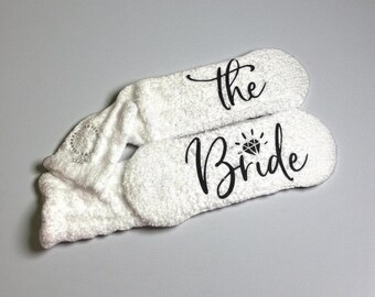 Bride fuzzy socks with rhinestone embellishment personalized wedding gift custom bride socks customized bridal gift idea for her big day
