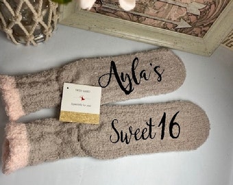 Fuzzy Personalized Sweet 16 Socks | Birthday Socks | 16th Birthday gift | 16th Birthday Party | Party Favor | Sweet 16 Gift