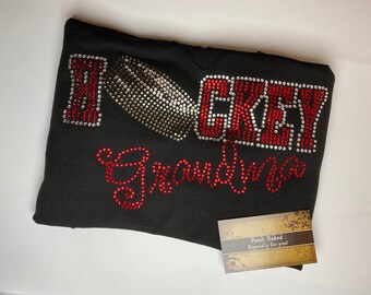 Personalized Hockey Grandma Shirt Custom Rhinestone Embellished Tee Funny Gift Idea Customized Sparkle Top for Sports Grandma Fan