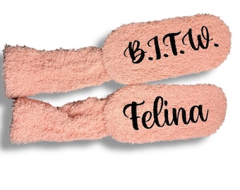 Personalized 29 Pairs BITW Fuzzy Girls Weekend Socks gift idea for Felina with Customized bands Bougie in the Woods