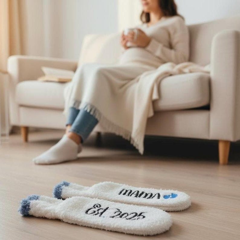 personalized new boy mama gift girls mama fuzzy socks custom new mom gift customized gift idea for Mother’s Day baby shower image 3