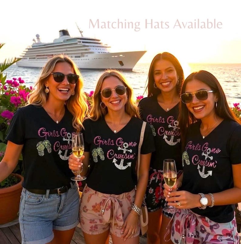Matching Group Outfit Rhinestone Cruise Bundle Hat Shirt Set Friend Vacation Apparel Custom Travel Wear Sparkly Design Personalized Trip Gift Cruise Fashion Collection Beach Holiday Attire Summer Vacation Clothes Adjustable Cotton Hat
