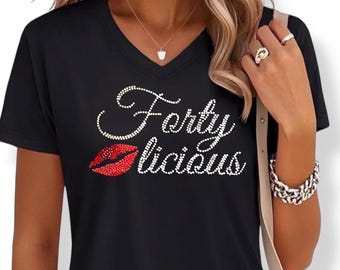 Fortylicious rhinestone embellished shirt personalized 40th birthday gift custom sparkle tee customized glam gift idea for her party